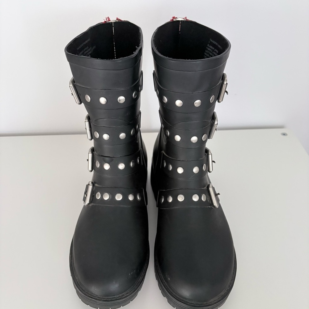Steve Madden Black Thunder Rain Rubber Combat Mid Calf Boots Size 7 - Picture 5 of 8
